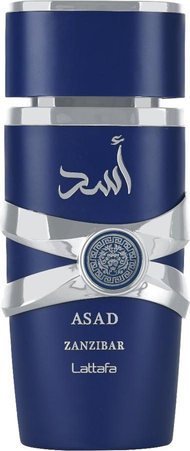 Flacon Lattafa Asad Zanzibar woda perfumowana dla mężczyzn 100ml z eleganckim opakowaniem prezentujący męskie perfumy marki Lattafa