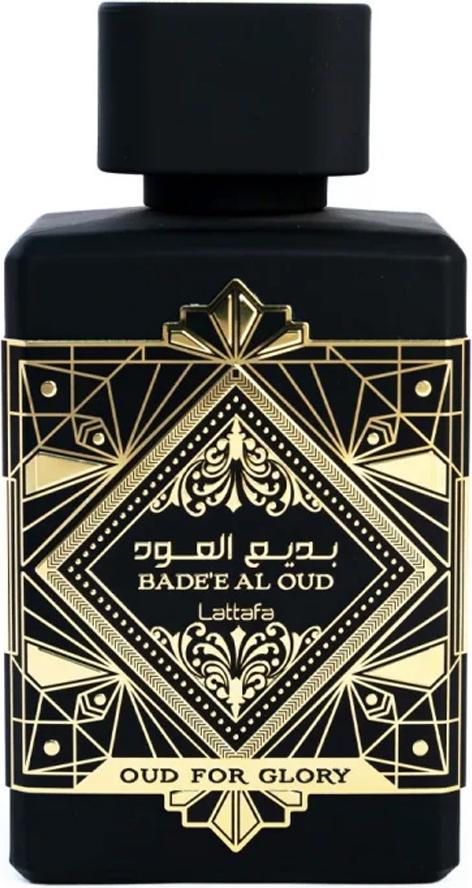 Lattafa Bade'e Al Oud Oud for Glory woda perfumowana 100ml w eleganckim czarno-złotym flakonie na białym tle z logo marki Lattafa