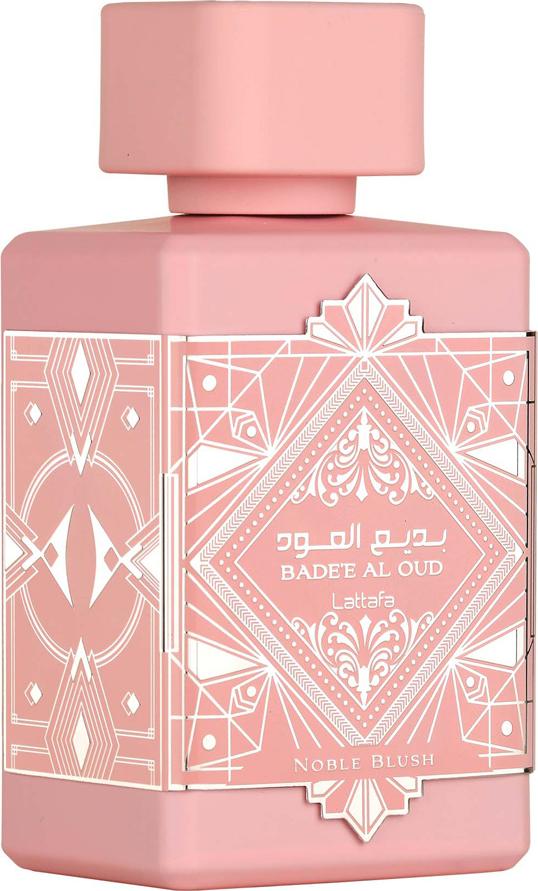 Flacon wody perfumowanej Lattafa Badee Al Oud Noble Blush 100ml z eleganckim opakowaniem na białym tle - luksusowe perfumy damskie