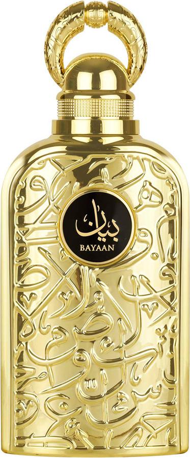Flacon wody perfumowanej Lattafa Bayaan 100ml na białym tle - eleganckie opakowanie luksusowych perfum o kwiatowo-owocowym zapachu
