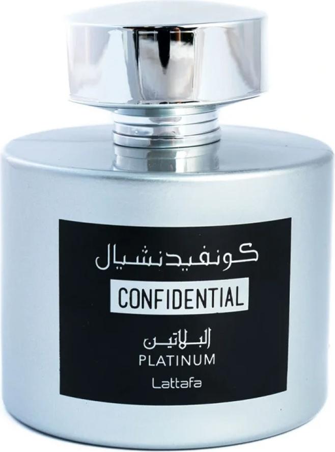 Flacon perfum Lattafa Confidential Platinum woda perfumowana 100ml dla mężczyzn w eleganckim opakowaniu na białym tle