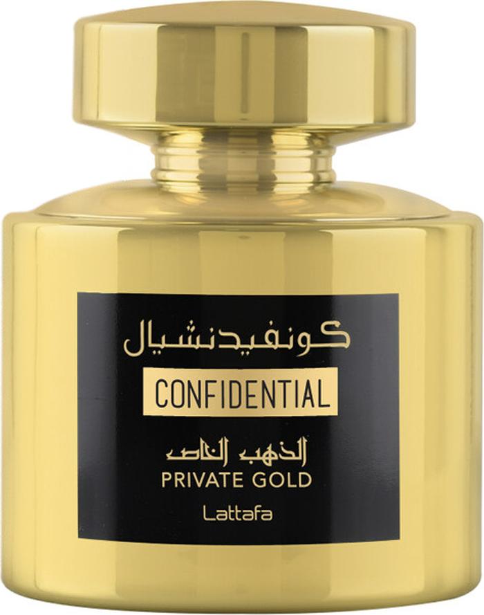 Flacon Lattafa Confidential Private Gold woda perfumowana 100ml w eleganckiej butelce na białym tle z logo marki Lattafa i złotymi akcentami