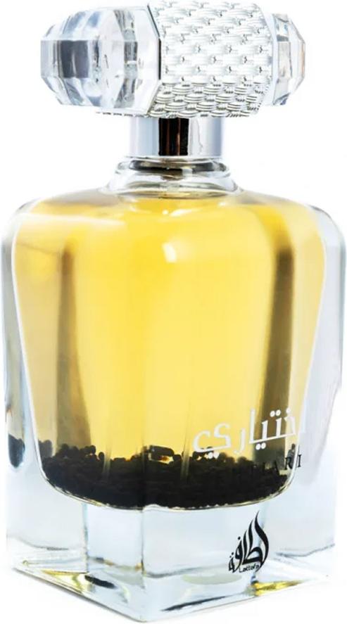 Flacon wody perfumowanej Lattafa Ekhtiari 100ml na białym tle - eleganckie opakowanie arabskich perfum kwiatowo-owocowych dla kobiet