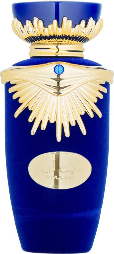 Lattafa Emaan woda perfumowana 100ml w eleganckim chabrowym flakonie ze złotymi akcentami na białym tle - luksusowe perfumy damskie