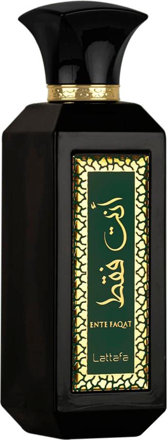 Flacon wody perfumowanej Lattafa Ente Faqat 100ml w eleganckiej butelce, orientalno-drzewny zapach unisex marki Lattafa na białym tle