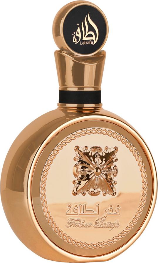 Flacon perfum Lattafa Fakhar Extrait woda perfumowana 100ml unisex orientalny zapach z eleganckim opakowaniem na białym tle