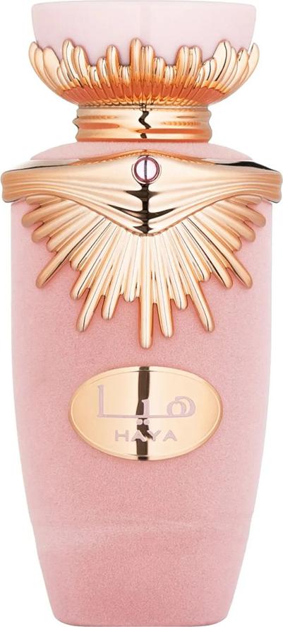 Flacon wody perfumowanej Lattafa Haya 100ml dla kobiet z eleganckim opakowaniem marki Lattafa na białym tle do sklepu internetowego