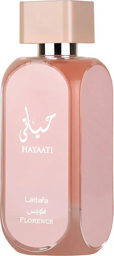 Flacon perfum Lattafa Hayaati Florence woda perfumowana 100ml dla kobiet w eleganckim opakowaniu na białym tle z logo marki Lattafa