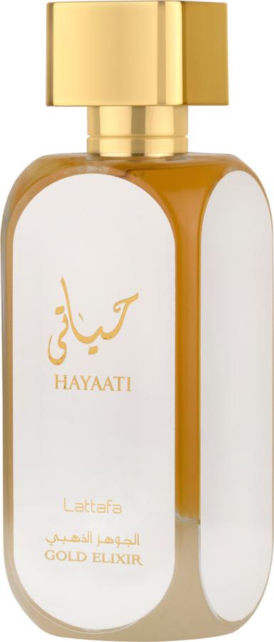 Flacon wody perfumowanej Lattafa Hayaati Gold Elixir 100ml w eleganckim opakowaniu, unisex zapach o intensywnej trwałości