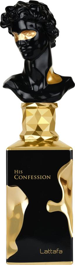 Lattafa His Confession woda perfumowana 100ml w czarnym flakonie ze złotymi akcentami na białym tle - orientalno-drzewny zapach dla mężczyzn