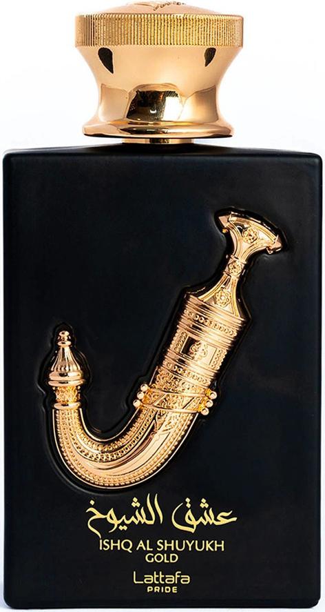 Flacon wody perfumowanej Lattafa Ishq Al Shuyukh Gold 100ml w eleganckiej butelce ze złotymi akcentami na białym tle
