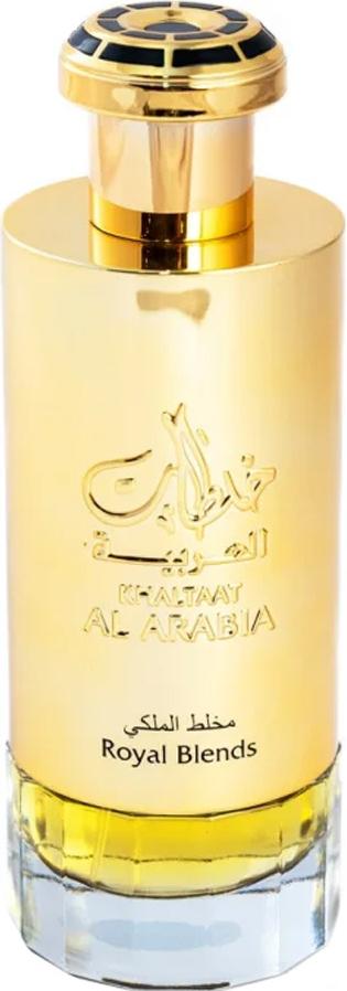 Złoty flacon Lattafa Khaltaat Al Arabia Royal Blends woda perfumowana 100ml na białym tle z eleganckim opakowaniem marki Lattafa
