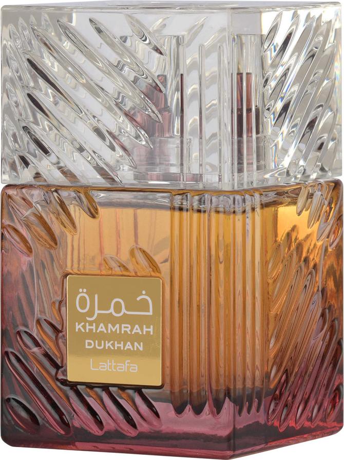 Elegancki flakon perfum Lattafa Khamrah Dukhan woda perfumowana 100ml dla mężczyzn na białym tle z logo marki Lattafa