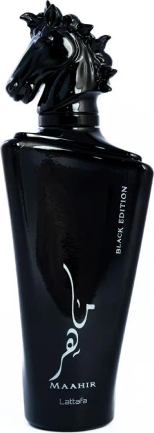 Lattafa Maahir Black Edition woda perfumowana 100ml w eleganckim czarnym flakonie z zatyczką w kształcie końskiej głowy na białym tle