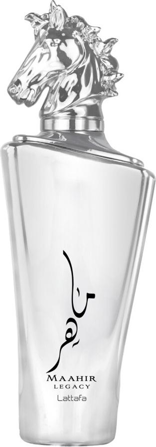 Flacon wody perfumowanej Lattafa Maahir Legacy 100ml w eleganckiej butelce z orientalnym designem na białym tle z logo marki Lattafa
