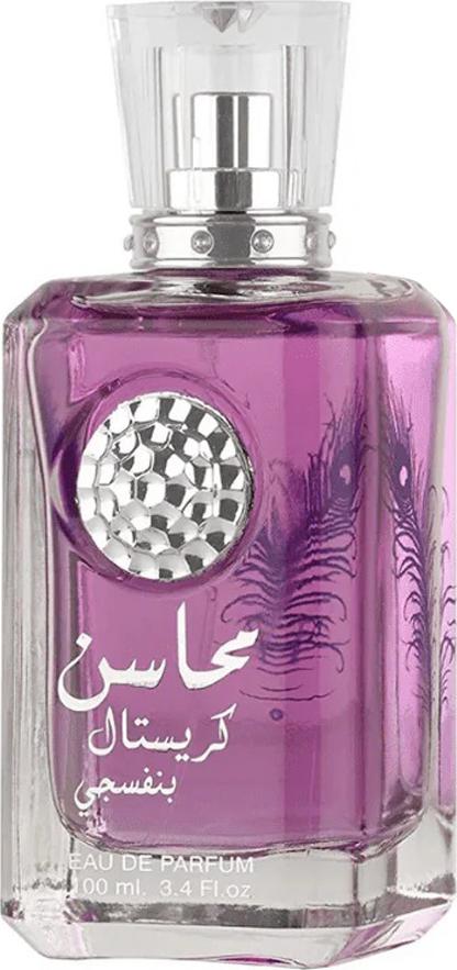 Lattafa Mahasin Crystal Violet woda perfumowana 100ml w jasnofioletowym flakonie - orientalno-kwiatowy zapach dla kobiet z nutami maliny i róży
