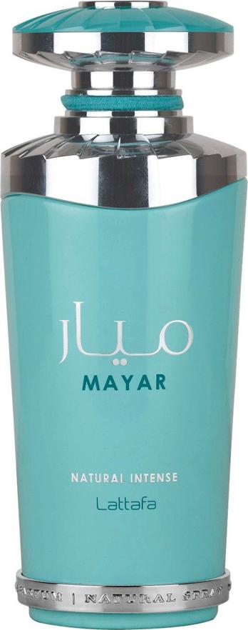 Flacon wody perfumowanej Lattafa Mayar Natural Intense 100ml dla kobiet w eleganckim opakowaniu z logo marki Lattafa na białym tle