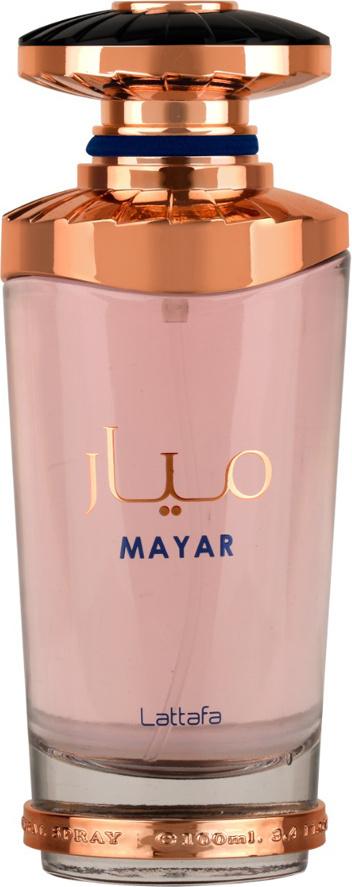 Flacon wody perfumowanej Lattafa Mayar 100ml dla kobiet na białym tle z eleganckim opakowaniem marki Lattafa w kwiatowo-owocowym zapachu
