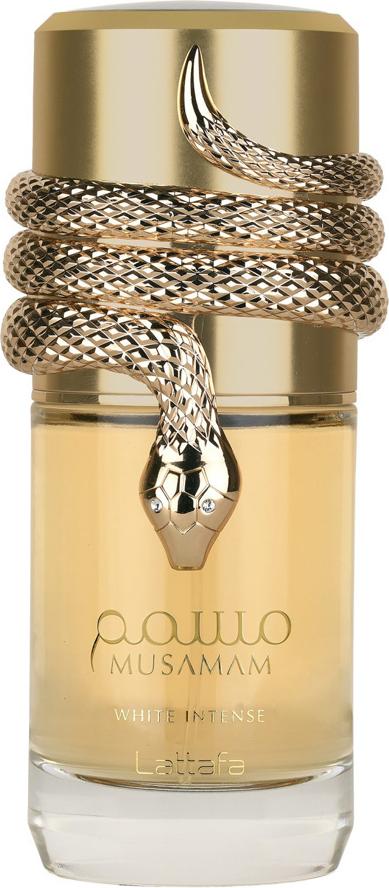 Flacon perfum Lattafa Musamam White Intense woda perfumowana 100ml na białym tle z eleganckim opakowaniem marki Lattafa