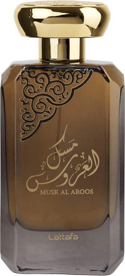 Lattafa Musk Al Aroos woda perfumowana 80ml w eleganckim brązowym flakonie ze złotą zatyczką na białym tle - orientalne perfumy unisex