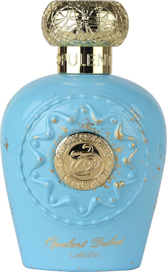 Flacon perfum Lattafa Opulent Dubai 100ml w eleganckim niebiesko-złotym opakowaniu, luksusowa woda perfumowana unisex na białym tle