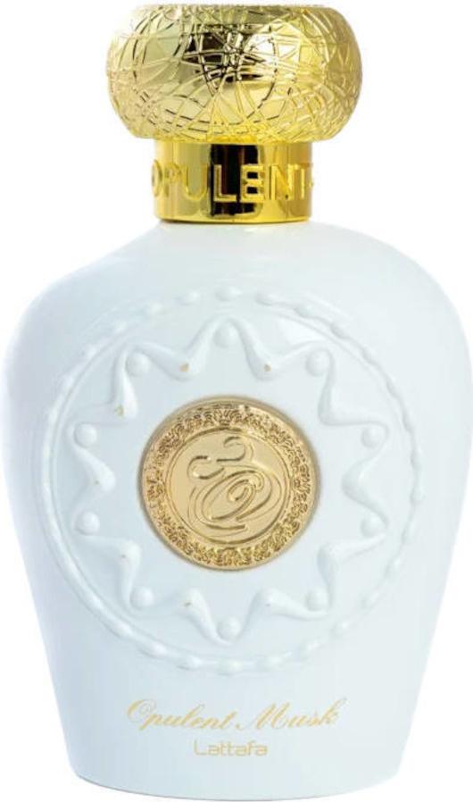 Lattafa Opulent Musk woda perfumowana 100ml w eleganckim biało-złotym flakonie na białym tle - orientalne perfumy unisex