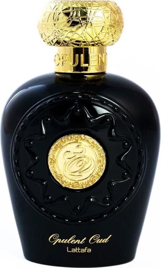 Lattafa Opulent Oud woda perfumowana 100ml w eleganckim czarno-złotym flakonie, orientalne perfumy dla kobiet z nutami szafranu i agaru