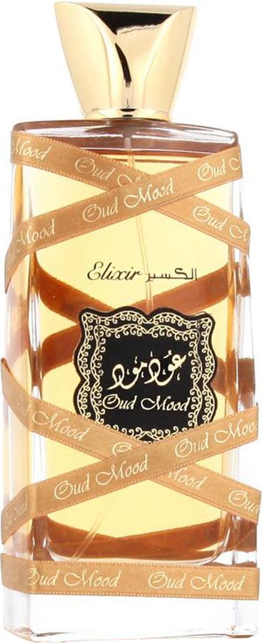 Flacon wody perfumowanej Lattafa Oud Mood Elixir 100ml - orientalne perfumy unisex z oud w eleganckim opakowaniu na białym tle