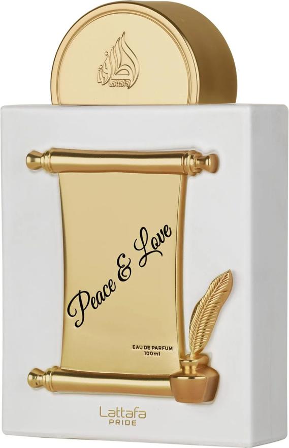 Flacon wody perfumowanej Lattafa Peace & Love 100ml w eleganckiej butelce z logo marki Lattafa na białym tle