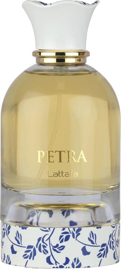 Flacon wody perfumowanej Lattafa Petra 100ml na białym tle, eleganckie opakowanie perfum unisex marki Lattafa w stylowym designie