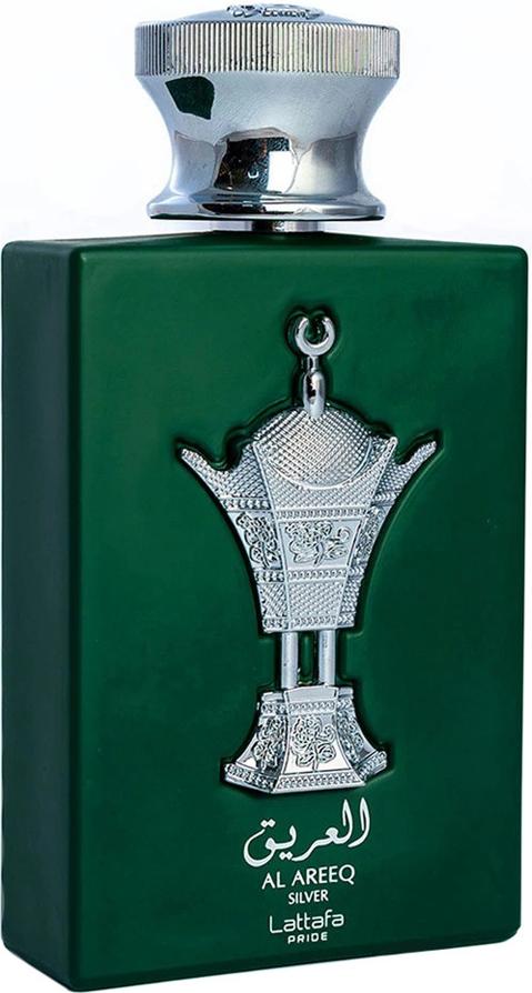 Flacon perfum Lattafa Al Areeq Silver woda perfumowana 100ml w eleganckiej butelce z opakowaniem marki Lattafa na białym tle