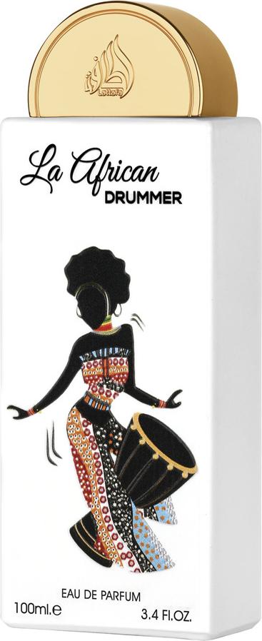 Flacon perfum Lattafa La African Drumer woda perfumowana 100ml na białym tle - eleganckie opakowanie aromatycznych perfum unisex marki Lattafa