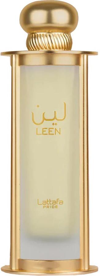Lattafa Leen woda perfumowana 100ml w luksusowym złotym flakonie - orientalne perfumy unisex z nutami bergamotki i jaśminu na białym tle