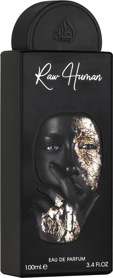Flacon wody perfumowanej Lattafa Raw Human 100ml unisex na białym tle z eleganckim opakowaniem marki Lattafa w kolorze czarnym