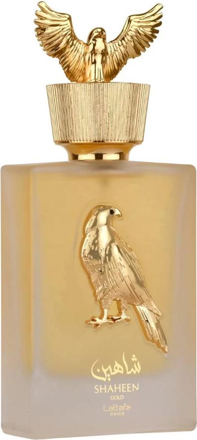 Flacon perfum Lattafa Shaheen Gold woda perfumowana 100ml w eleganckim opakowaniu - orientalne unisex perfumy marki Lattafa o złotym kolorze