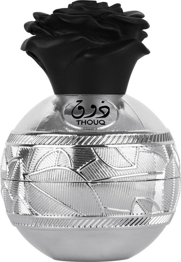 Flacon perfum Lattafa Thouq woda perfumowana dla mężczyzn 80ml z orientalnymi nutami oud i ambry na białym tle z eleganckim opakowaniem