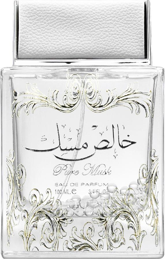 Flacon wody perfumowanej Lattafa Pure Musk 100ml z eleganckim opakowaniem, perfumy damskie o drzewno-piżmowym zapachu z nutami ambry