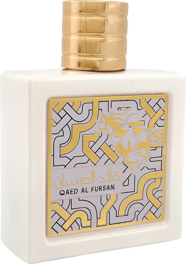 Flacon wody perfumowanej Lattafa Qaed Al Fursan Unlimited 90ml dla mężczyzn w eleganckim opakowaniu z logo marki Lattafa na białym tle