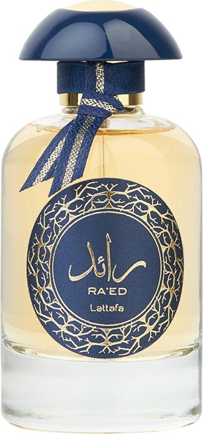 Flacon wody perfumowanej Lattafa Ra'ed Luxe 100ml na białym tle - orientalno-przyprawowy zapach unisex marki Lattafa z Dubaju
