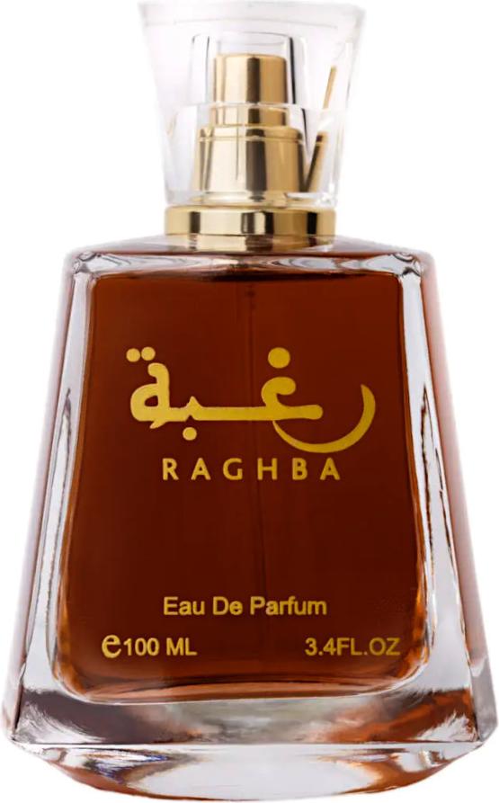 Flacon wody perfumowanej Lattafa Raghba 100ml w eleganckim opakowaniu - orientalno-waniliowa kompozycja z nutami oud i wanilii
