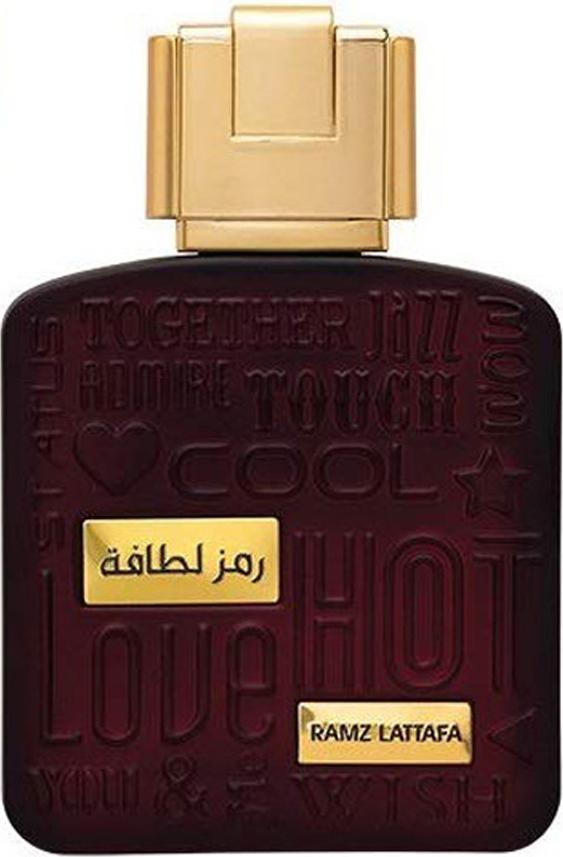 Flacon wody perfumowanej Lattafa Ramz Gold 100ml w eleganckim opakowaniu, luksusowe perfumy orientalno-drzewne unisex z Dubaju na białym tle