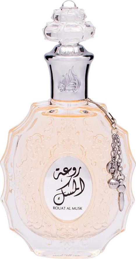 Lattafa Rouat Al Musk woda perfumowana 100ml w eleganckiej butelce z orientalnym wzornictwem dla kobiet na białym tle
