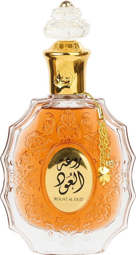 Flacon perfum Lattafa Rouat Al Oud woda perfumowana 100ml z orientalnym zapachem szafranu, róży i oud dla kobiet na białym tle