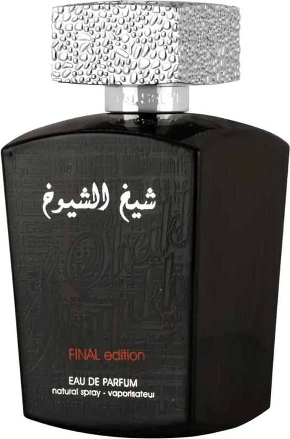 Lattafa Sheikh Al Shuyukh Final Edition woda perfumowana 100ml w czarnym flakonie ze srebrną zatyczką na białym tle
