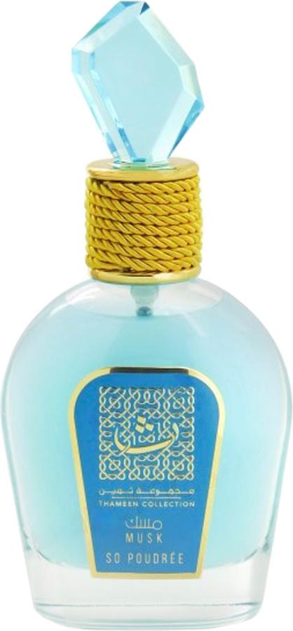 Lattafa So Poudree woda perfumowana 100ml w błękitnej buteleczce z ozdobnym sznurkiem - orientalne perfumy dla kobiet z bursztynem i piżmem