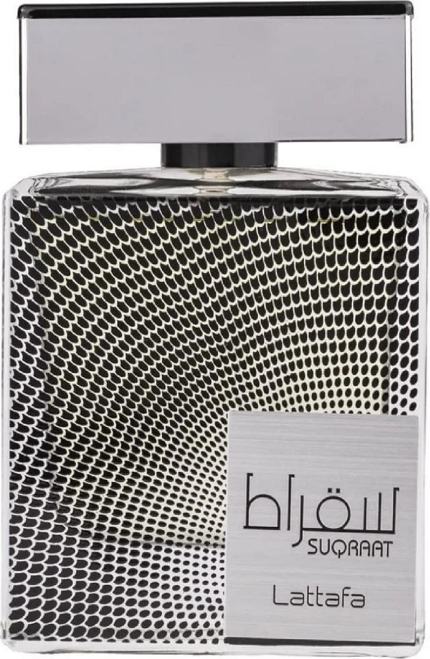 Flacon perfum Lattafa Suqraat woda perfumowana 100ml dla mężczyzn w eleganckim opakowaniu z logo marki Lattafa na białym tle