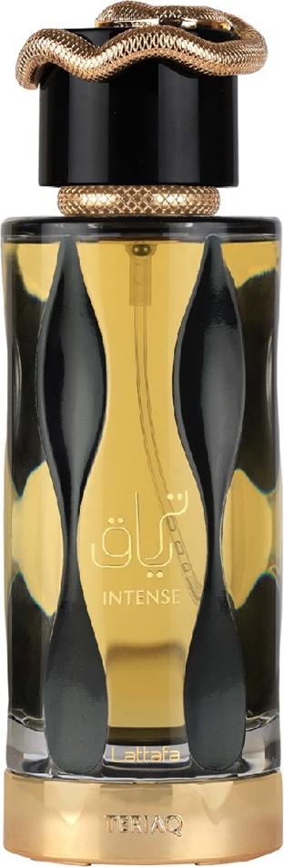 Lattafa Teriaq Intense woda perfumowana 100ml w eleganckiej butelce ze złotym wężem, orientalna kompozycja unisex w luksusowym opakowaniu.