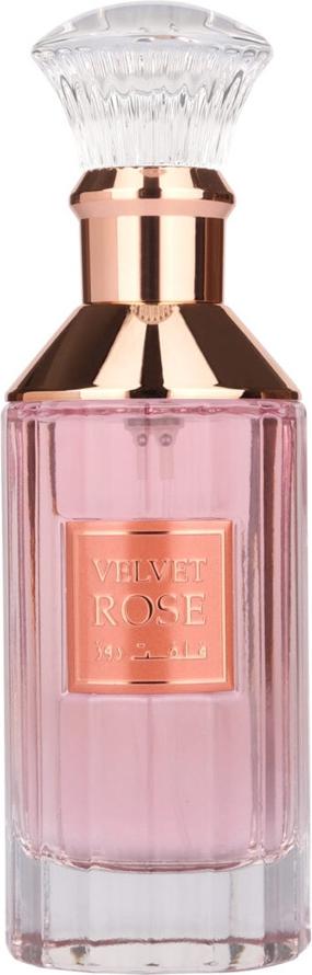 Flacon wody perfumowanej Lattafa Velvet Rose 100ml w eleganckiej butelce z logo marki na białym tle - orientalne perfumy damskie z nutami róży