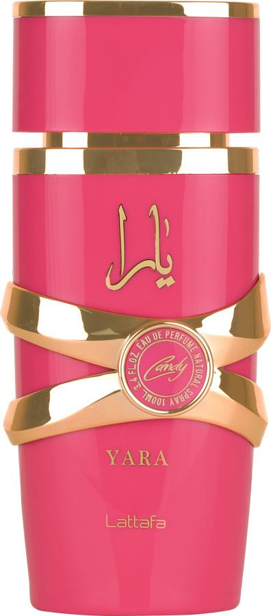 Flacon perfum Lattafa Yara Candy woda perfumowana 100ml dla kobiet z eleganckim opakowaniem marki Lattafa na białym tle w sklepie online