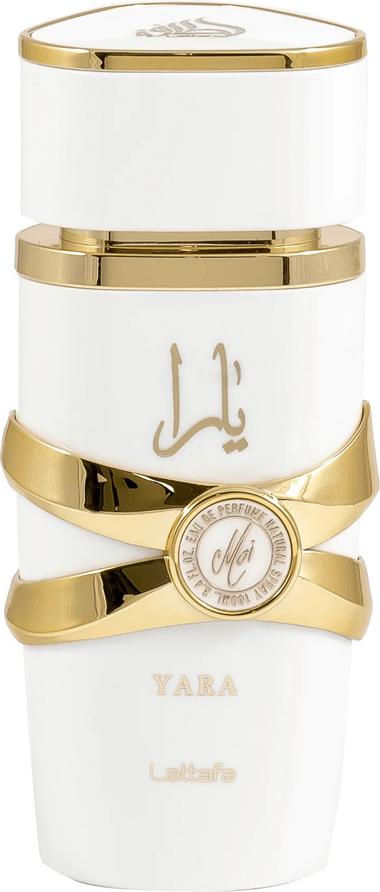 Flacon perfum Lattafa Yara Moi woda perfumowana 100ml dla kobiet z eleganckim opakowaniem na białym tle - kwiatowo-słodki zapach z nutami brzoskwini
